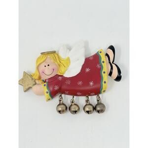 Vintage 1980s Christmas Magnet Angel with Jingle Bells Plastic Resin 3.5-4"